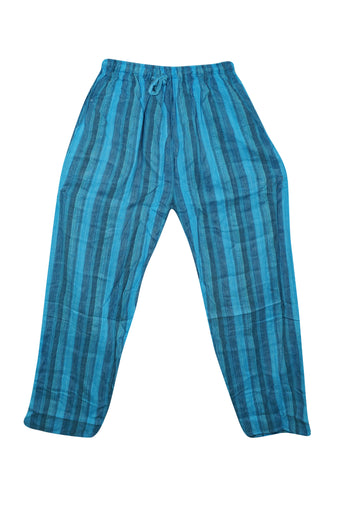 Women's Dark Blue Striped Wide-Leg Pants – Flowy High-Waist Boho Beach Trousers S/M